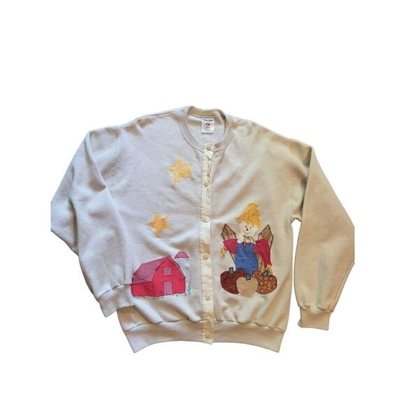 Jerzees Sweatshirt Women's Medium Beige Vintage Cardigan Fall Autumn Applique - Picture 1 of 5